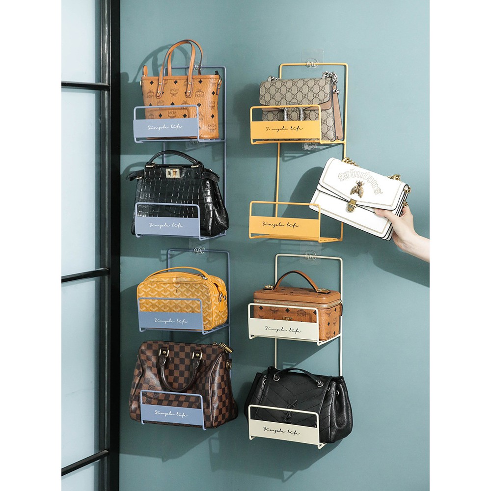 IKEA Style 2 Tiers Bag Storage Rack Hanging Handbag Organizer Purse Steel Rack stick on wall Storage Shelf Furniture Shopee Malaysia