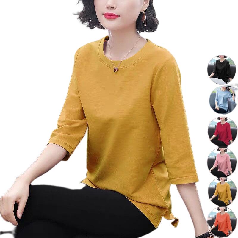 Loose solid color 3/4 sleeve T-shirt cotton oversize short sleeve shirt ...