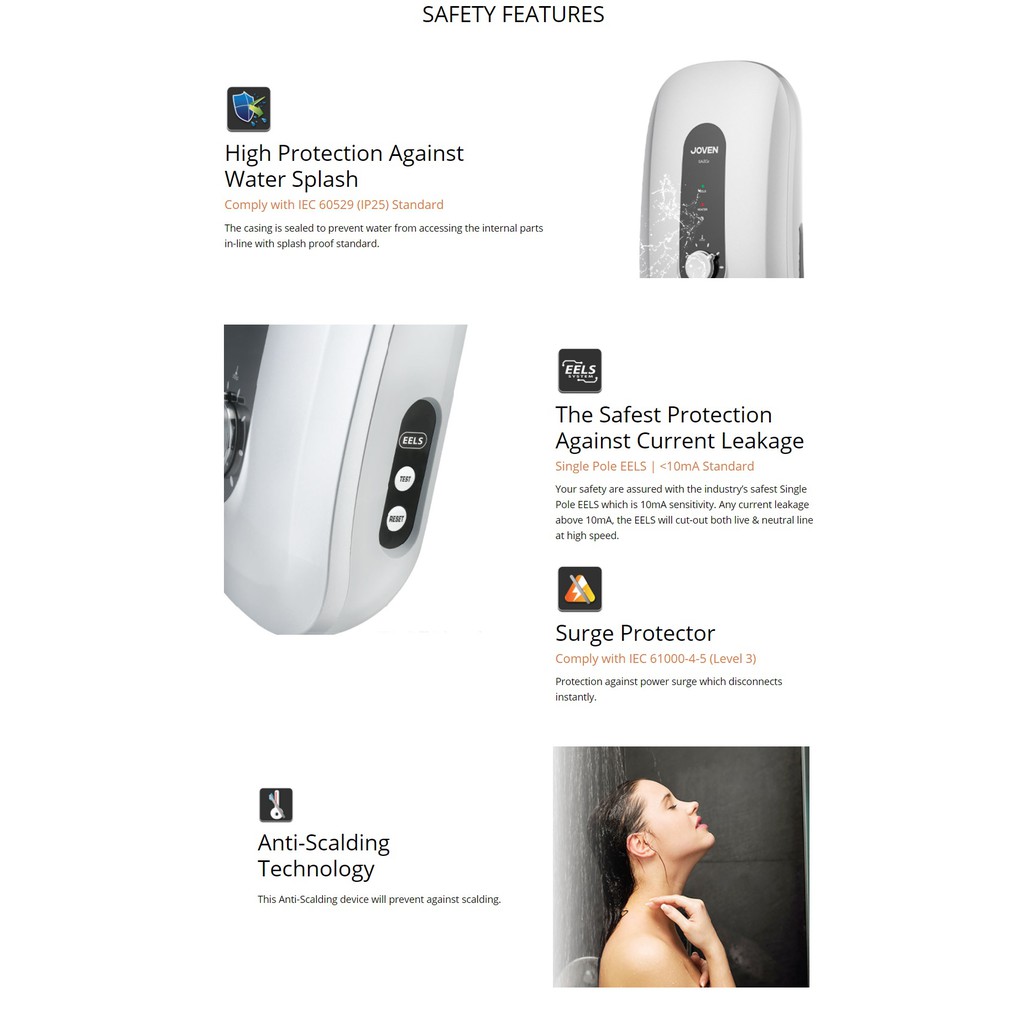 Joven Water Heater Without Pump SA20E Silver 5 Spray Hand Shower SA-20E ...