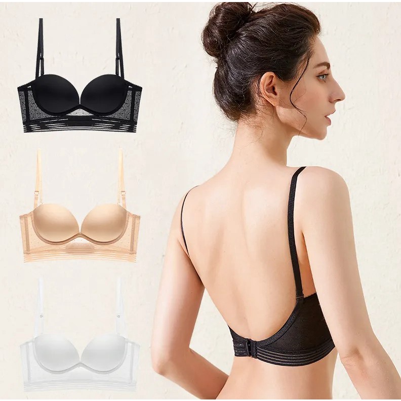 Women's Front Closure Adjustable Padded Bra Gather Strapless Bra Super Push  Up Invisible Bra Skin color 80B 