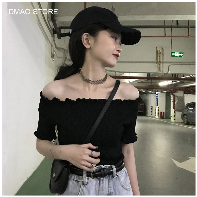 2021 Off Shoulder Knit Tops Korean Style Crop Tops Slim Fit Short