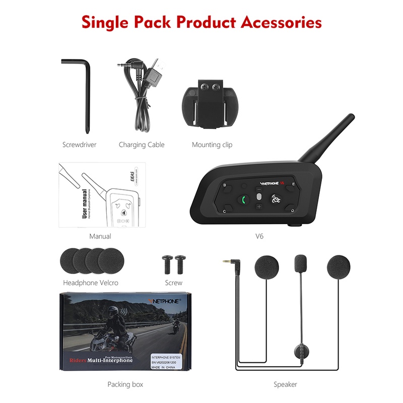 V6 Motorcycle Helmet Bluetooth Headset Waterproof IP65 Bluetooth 5.1 for