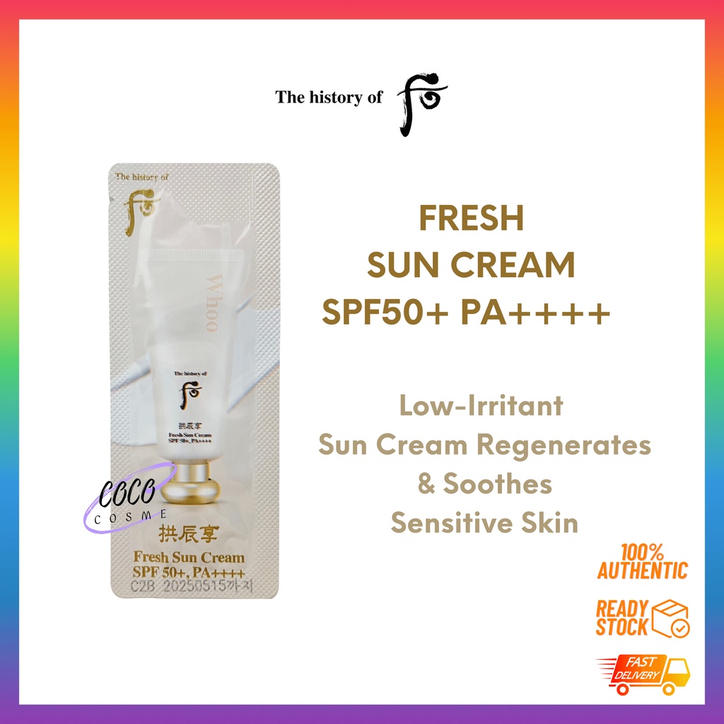 Échantillons The History Of Whoo Fresh Sun Cream SPF50+ PA++++ - 20 Sachets De 1 Ml, Crème Solaire Visage Coréenne