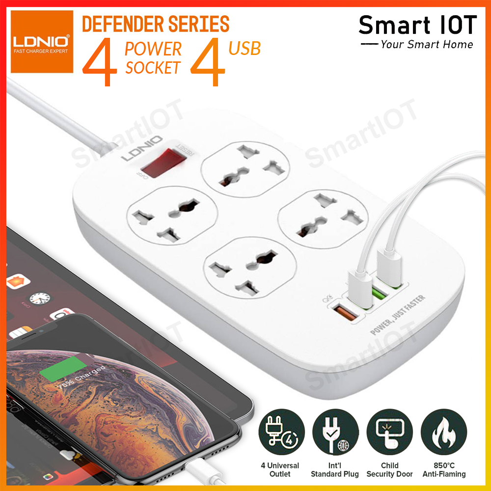 LDNIO 2Meter Wall Extension Plug Cord with 4 Socket Outlets and 3 USB