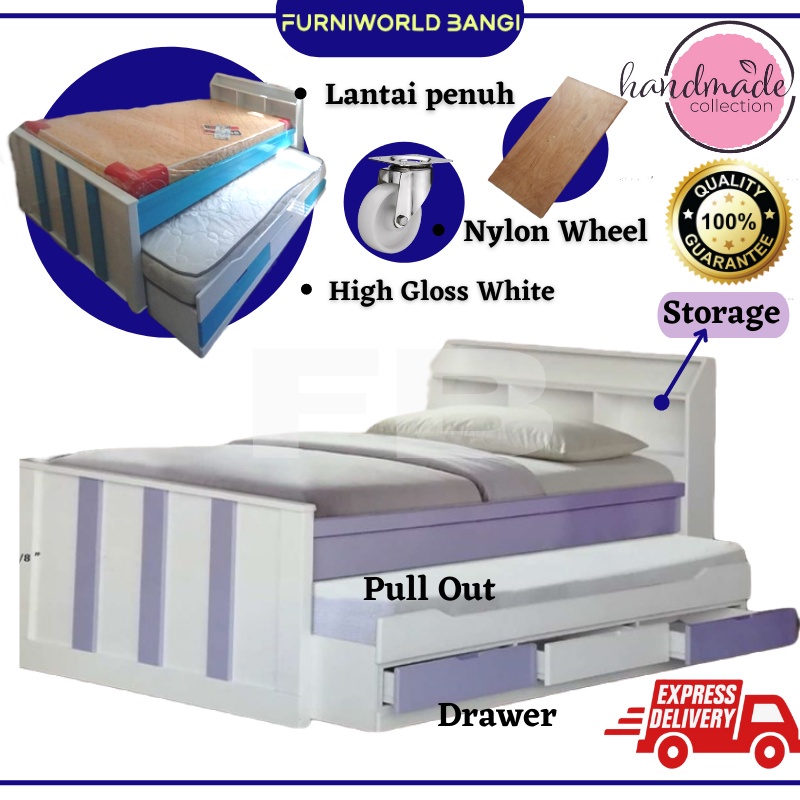 Single/ Super Single Solid Wooden Bed frame with Pull Out and Drawers ...