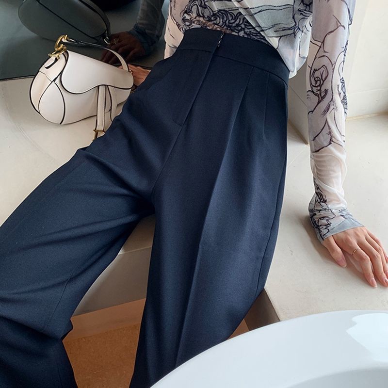 Bella Korean High Waist Wide Leg Pants Trousers Vintage Women Zipper Fly  Solid Loose Fashion Casual Straight Pants Capris 2020 Bottoms