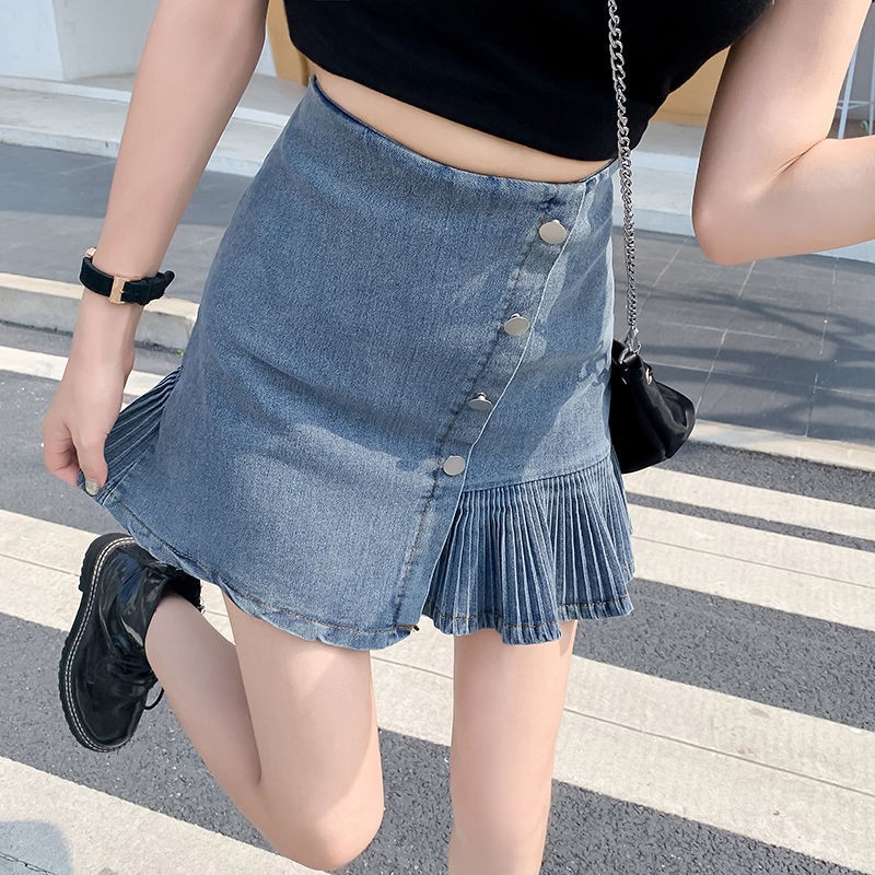 Pleated denim clearance skirt in summer