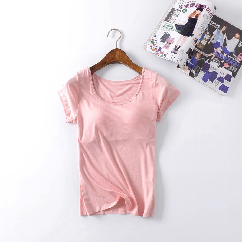 Uniqlo style modal build in bra support home t shirt | Shopee Malaysia