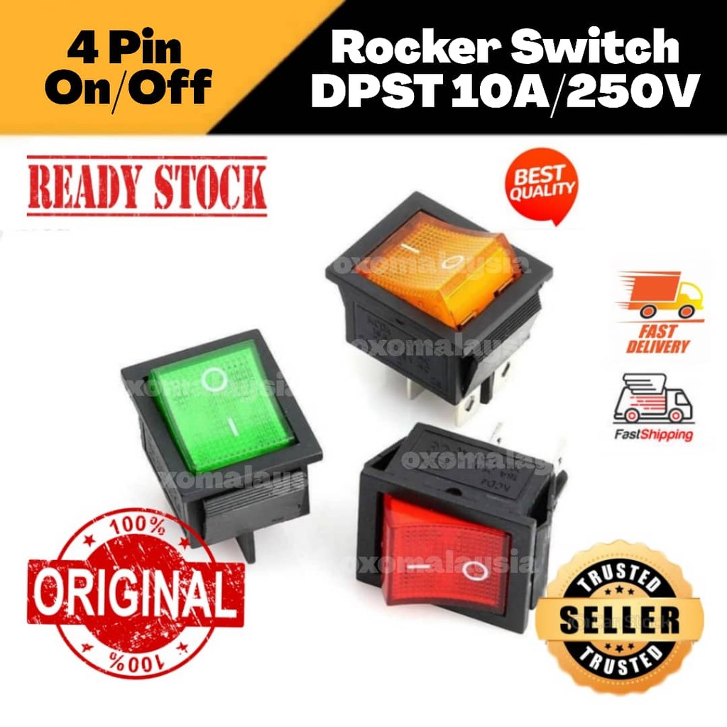 4 Pin On/Off Rocker Switch (1pcs) DPST 10A/250V With LED (Red/Yellow ...