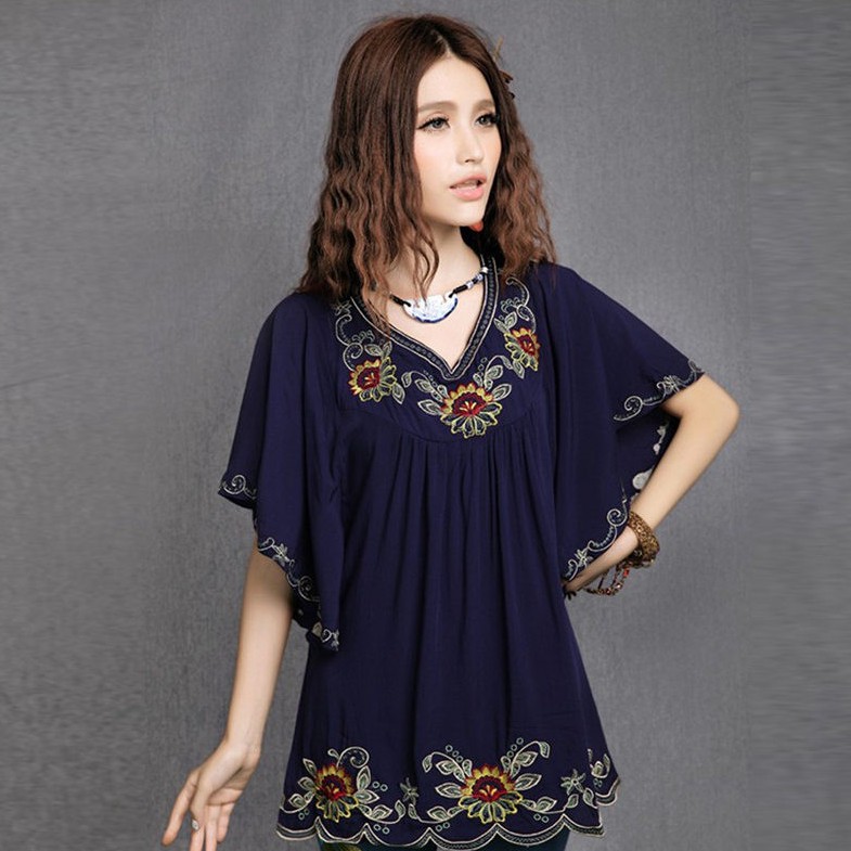 Women Boho Embroidery Shirt Ethnic Retro Hippie Tops Cotton O-Neck