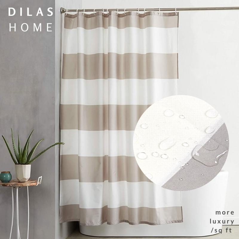 DILAS HOME 90gsm Minimalist Grey Stripe Polyester Fabric Waterproof Shower Curtain with CShaped