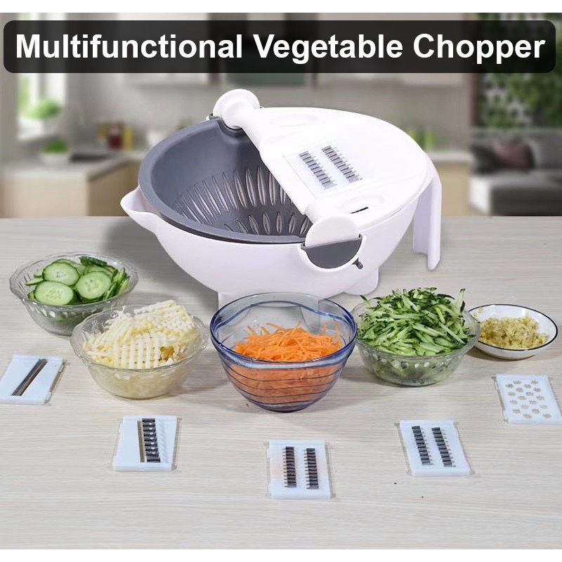 9 in 1 Slicer-Portable Multifunction Vegetable Cutter with Drain Basket,  Magic Rotate Colander, Slicer, Chopper, Grater