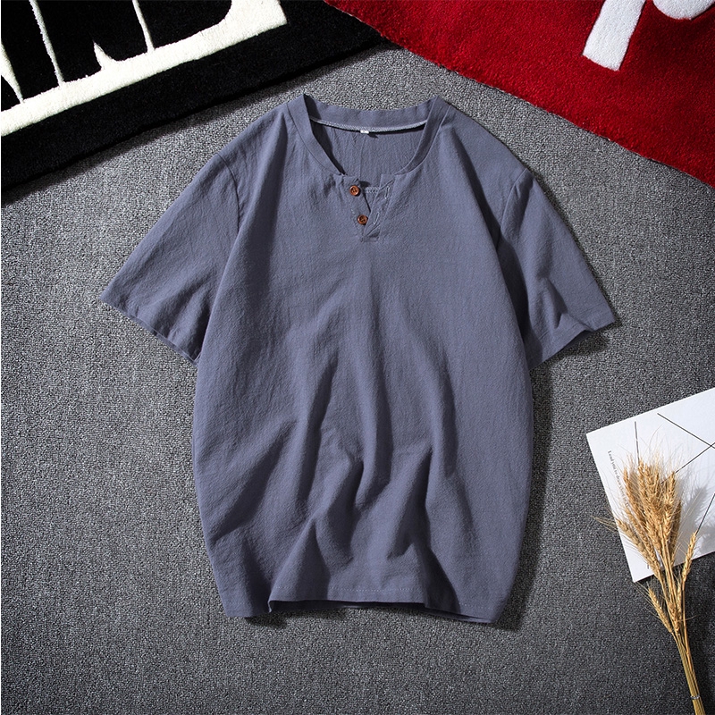 Men's Cotton Linen Short Sleeve Shirt V-Neck Chinese Style T-shirt ...