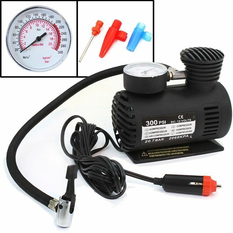 Portable 12 Volt Mini Air Compressor Pump With Gauge Car 300 PSI Tire  Inflator