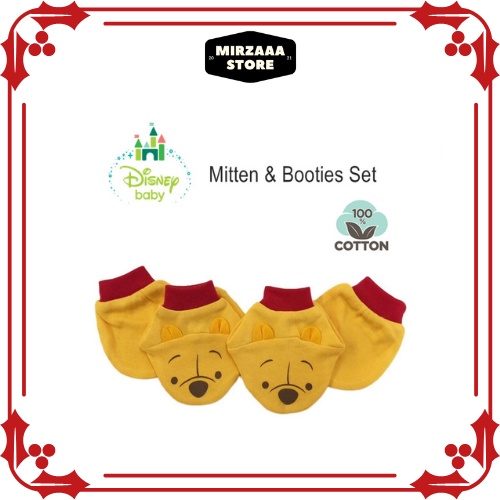 Babyhug Disney 100% Cotton Knit Cap Mitten & Booties With Winnie the Pooh Graphics - Blue