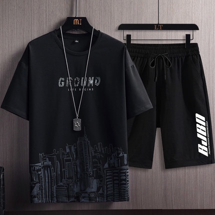 M-5XL Suit Summer Men Short Sleeve T-Shirt Shorts Two-piece Fashion ...