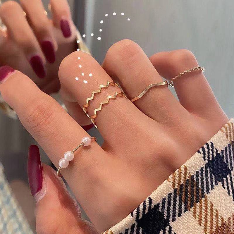 [5 piece set] Pearl ring beautiful Japanese and Korean simple wave ring ...