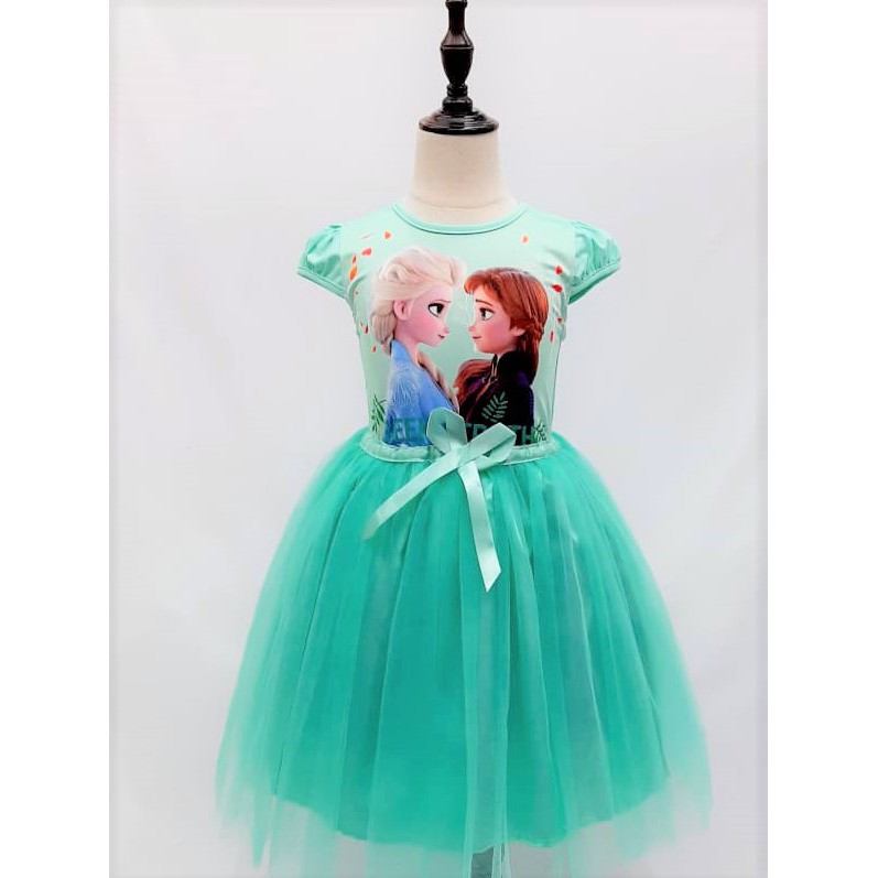 Frozen Dress Girl Elsa Short Sleeve Green / Mint Green Dress Cartoon dress  with Rainbow Tulle Lace | Shopee Malaysia