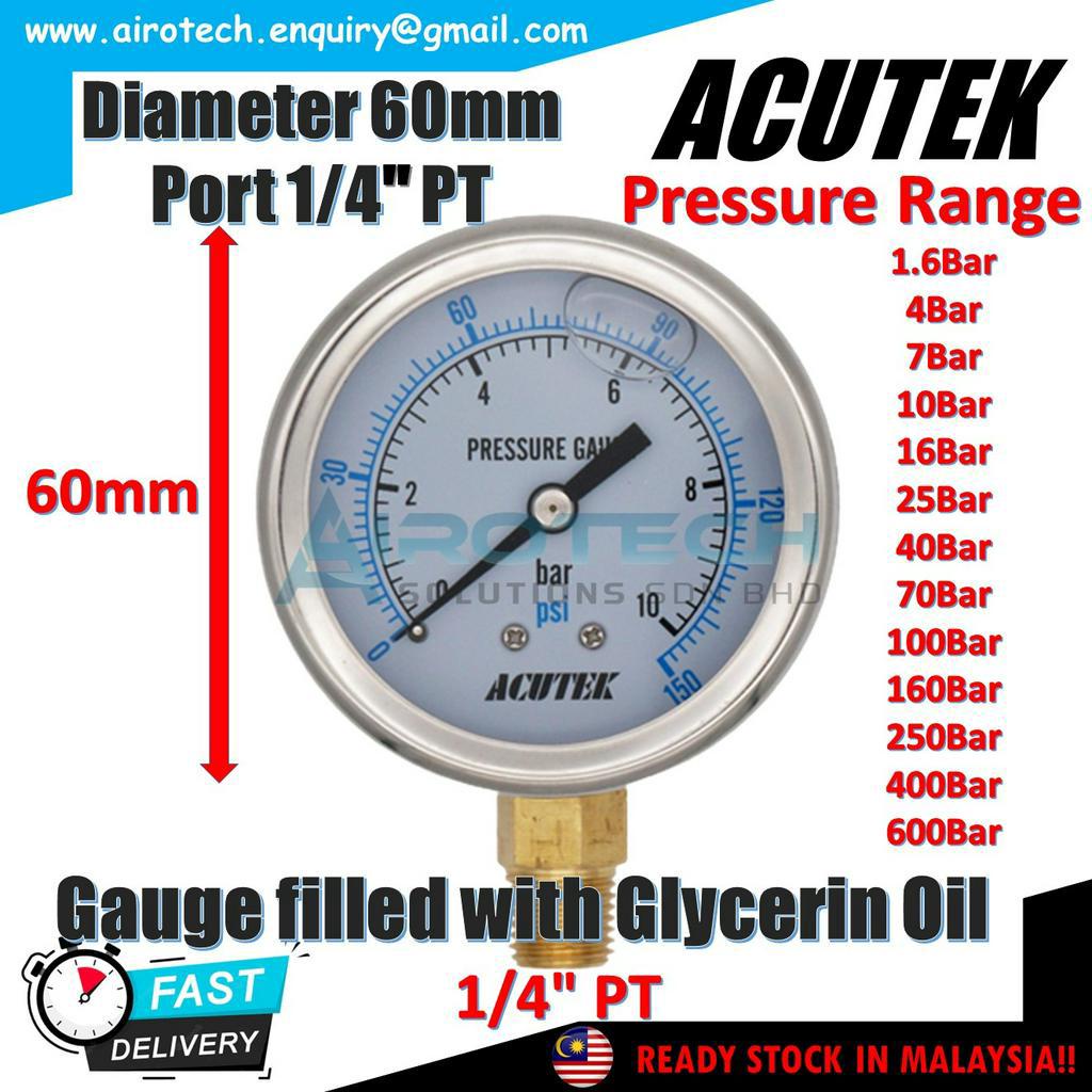 ACUTEK Pressure Gauge 1.6600Bar Bottom Type 1/4" PT Thread, 2 1/2"60mm Diameter Semi Stainless
