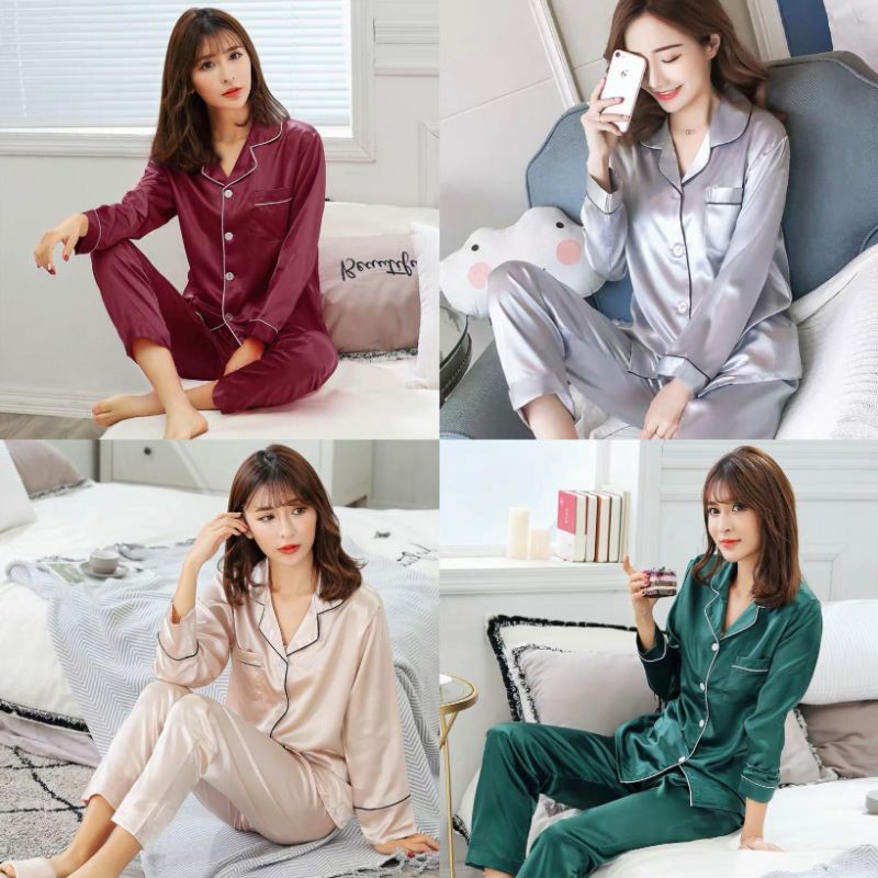 Women silk satin pajamas, ladies silk satin pyjamas set