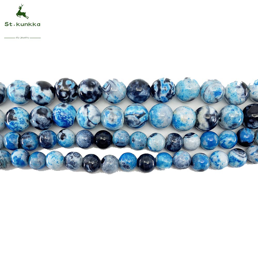 St.kunkka Natural Flame Agat Stone Round Beads - Sky Blue (1Strand/Lot ...