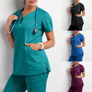 Nurse Uniform Women Solid Color Scrubs Tops Uniforms Short Sleeve Pockets  Medical Nurses Uniformes Blouse Nursing Clothes Shirts