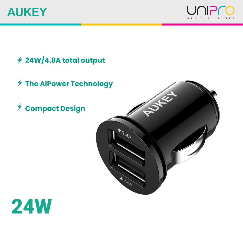 Aukey CCS1 Universal AiPower 4.8A Dual Port Car Charger (24W) Shopee