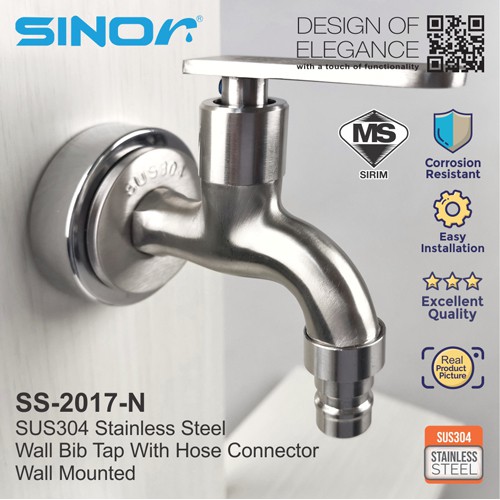 SINOR SS2017N SUS304 STAINLESS STEEL WALL BIB TAP WITH HOSE CONNECTOR