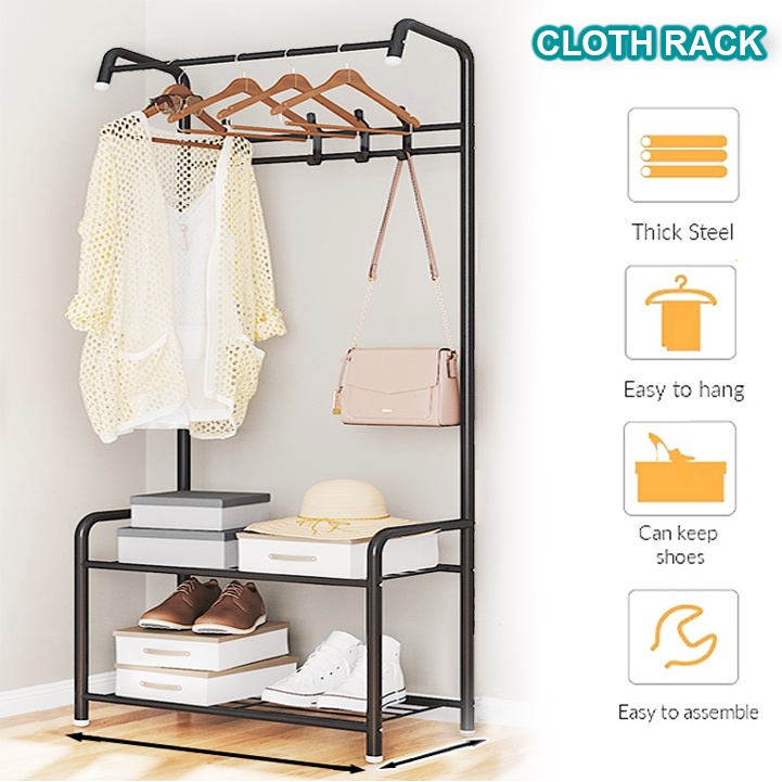 Metal Clothes storage drying rack foldable double pole With Hooks & Shoe  Rack