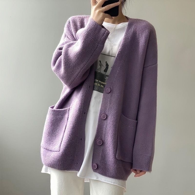 Loose Women Knitted Cardigan New Korean Version Of Pure Colour Simple ...