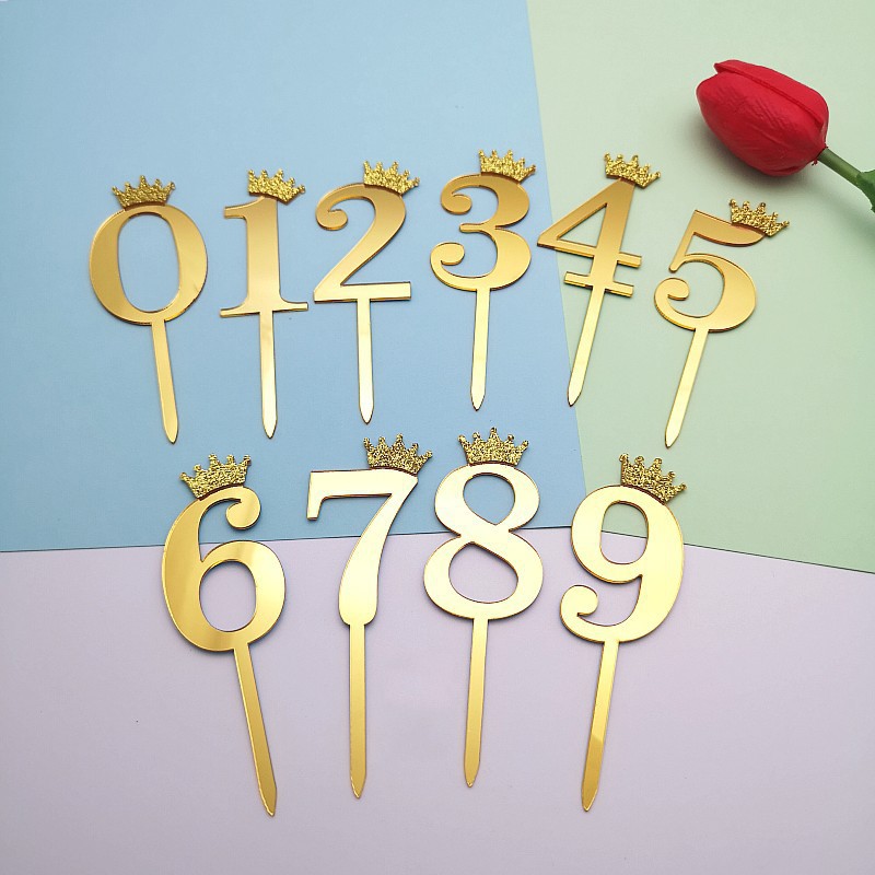Number Cake Topper Gold Silver Crown Acrylic 0-9 Digital Birthday Party ...