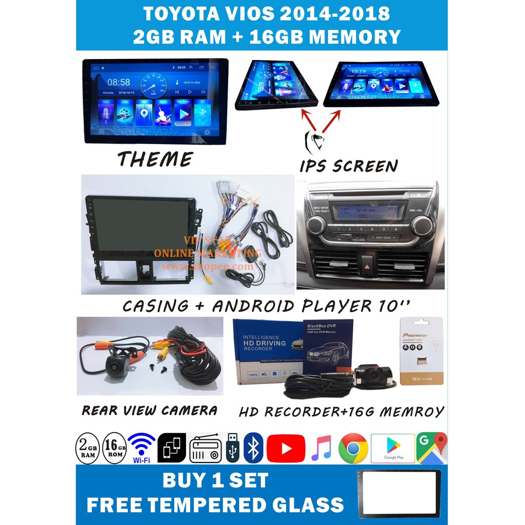 TOYOTA VIOS 2014-2018 ANDROID PLAYER 10''+CASING+REAR VIEW CAMERA ...