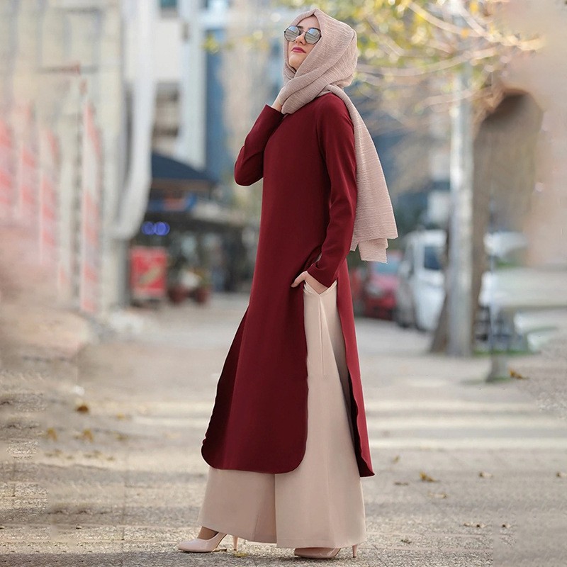Muslimah wine red dress Muslim women's abaya long muslim fashion evening  dress set Muslimah dress wine red | Shopee Malaysia