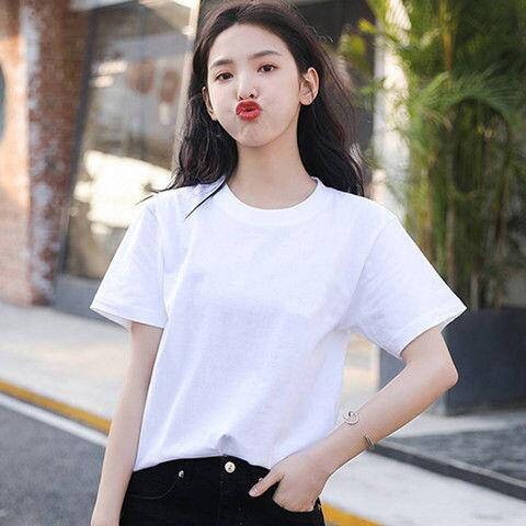 Solid color wild short-sleeved T-shirt female tops Plain t shirt V-Neck Round | Shopee Malaysia