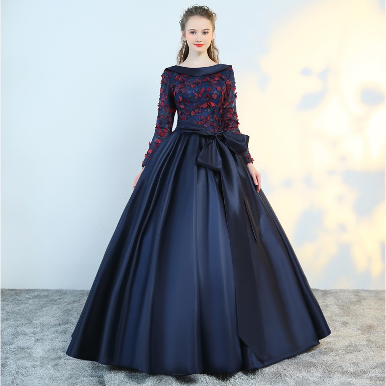 Top Grade Luxury Navy Blue Wedding Ball Gown Dinner Evening Formal Long Dress Women Girl Sister Bridal Event Maxi Dress