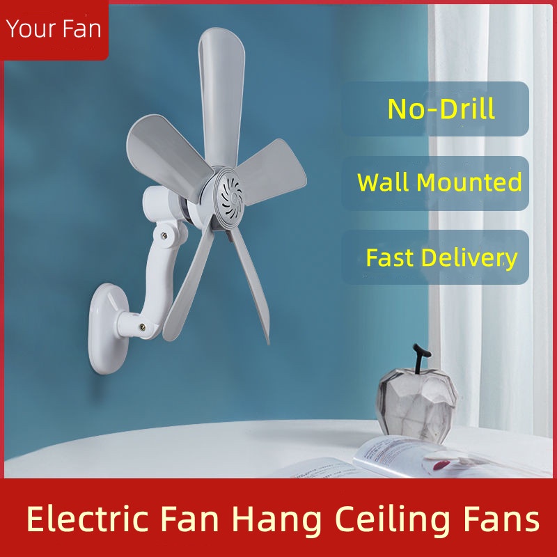 No-Drill Wall-mounted Electric Fan Hang Ceiling Fans Mute Small Wall ...
