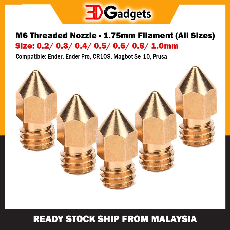 MK8 M6 Threaded Nozzle - 1.75mm Filament [All Sizes] for 3D Printer ...
