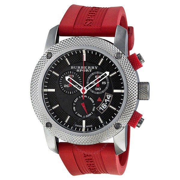 Authentic Burberry Men s Sport Chronograph Black Dial Red Silicone