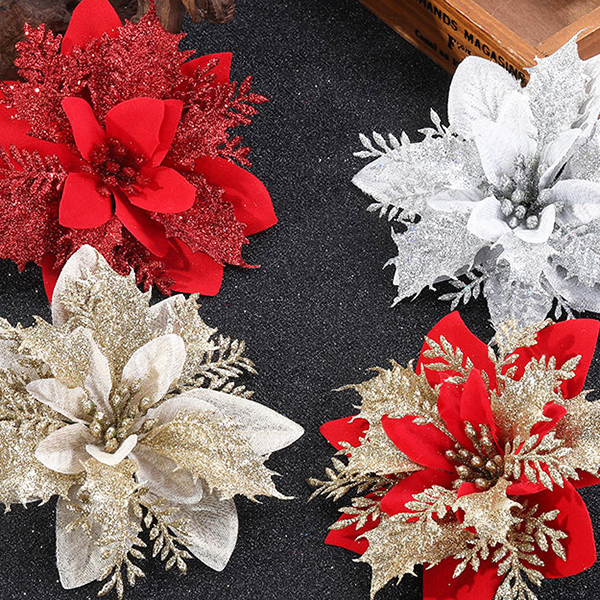 5/10Pcs Artificial Christmas Flowers Glitter Fake Flowers Merry