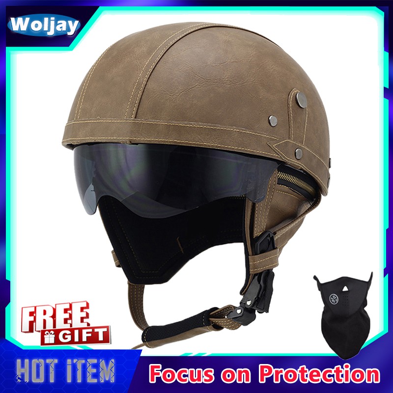 HOT Harley Motorcycle Helmet Retro Open Face Helmet Locomotive Leather Half Helmet Motocross Cruiser Helmets Moto Protect Gear Visor With Flip Up Lens Shopee Malaysia