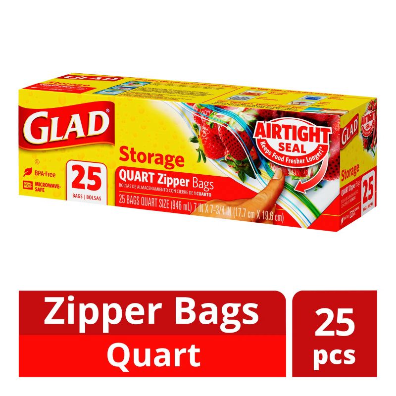 Glad Zipper Storage Bags, Quart, 25/Box (55052)