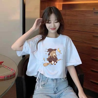 Women Cropped Short SleeveT-shirt Women's Korean-Style Student Loose  Drawstring Crop Top