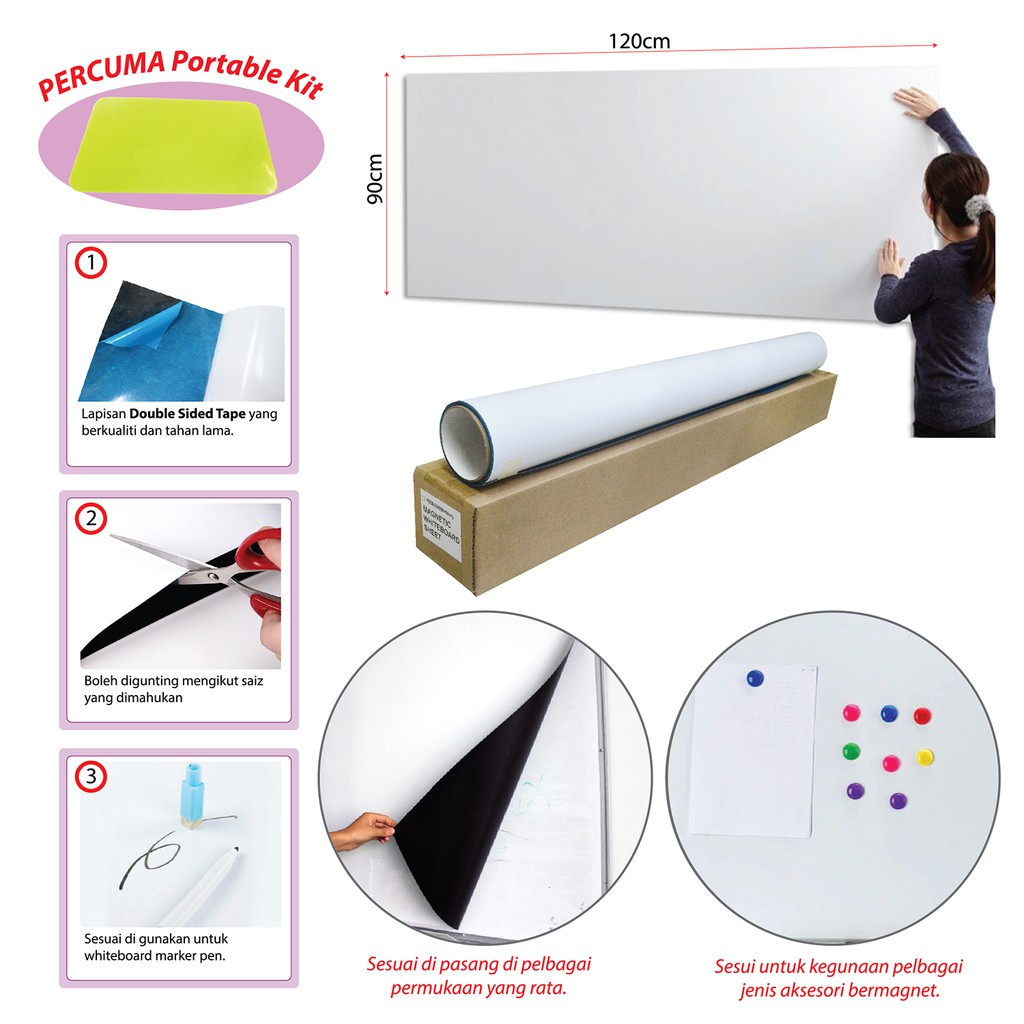 1 Set Magnetic Whiteboard Sheet (L) Size 120cm x 90cm