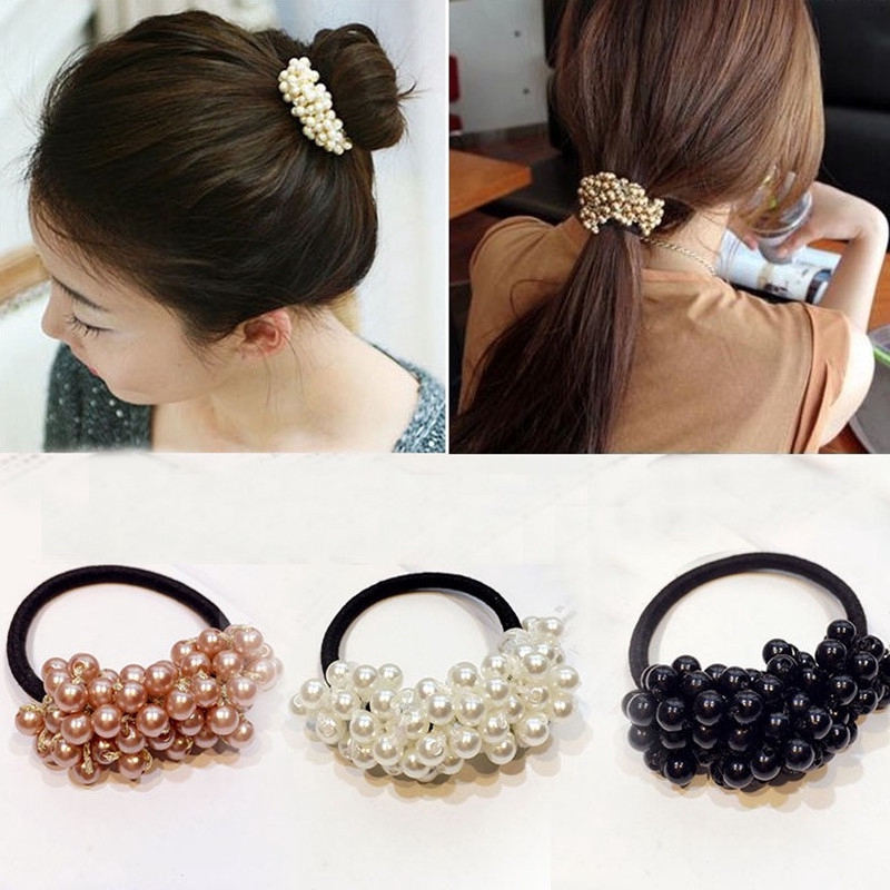 Girls Elastic Pearl Beads Headbands Ponytail Scrunchies Vintage Hair ...