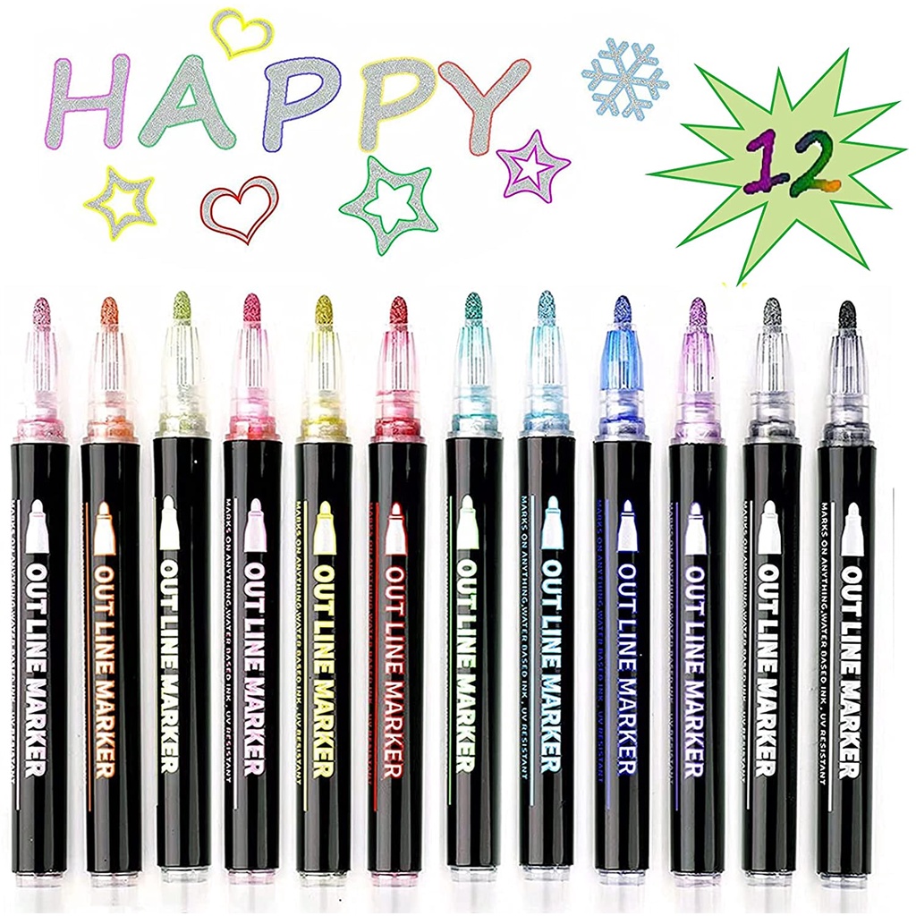 12 Colors Outline Metallic Markers Pens Double Line Pen Shimmer Markers ...