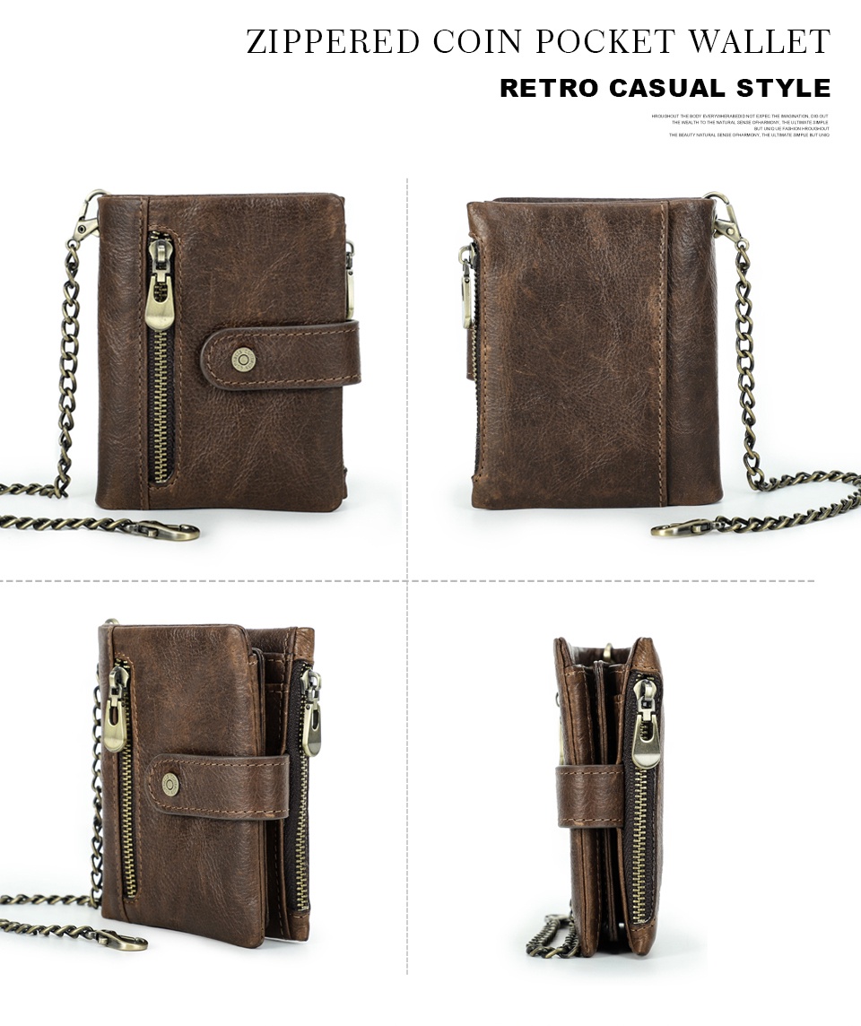 Genuine Leather Men Wallet Anti Theft Chain RFID Casual Money Clip Male Wallets Coin Pocket