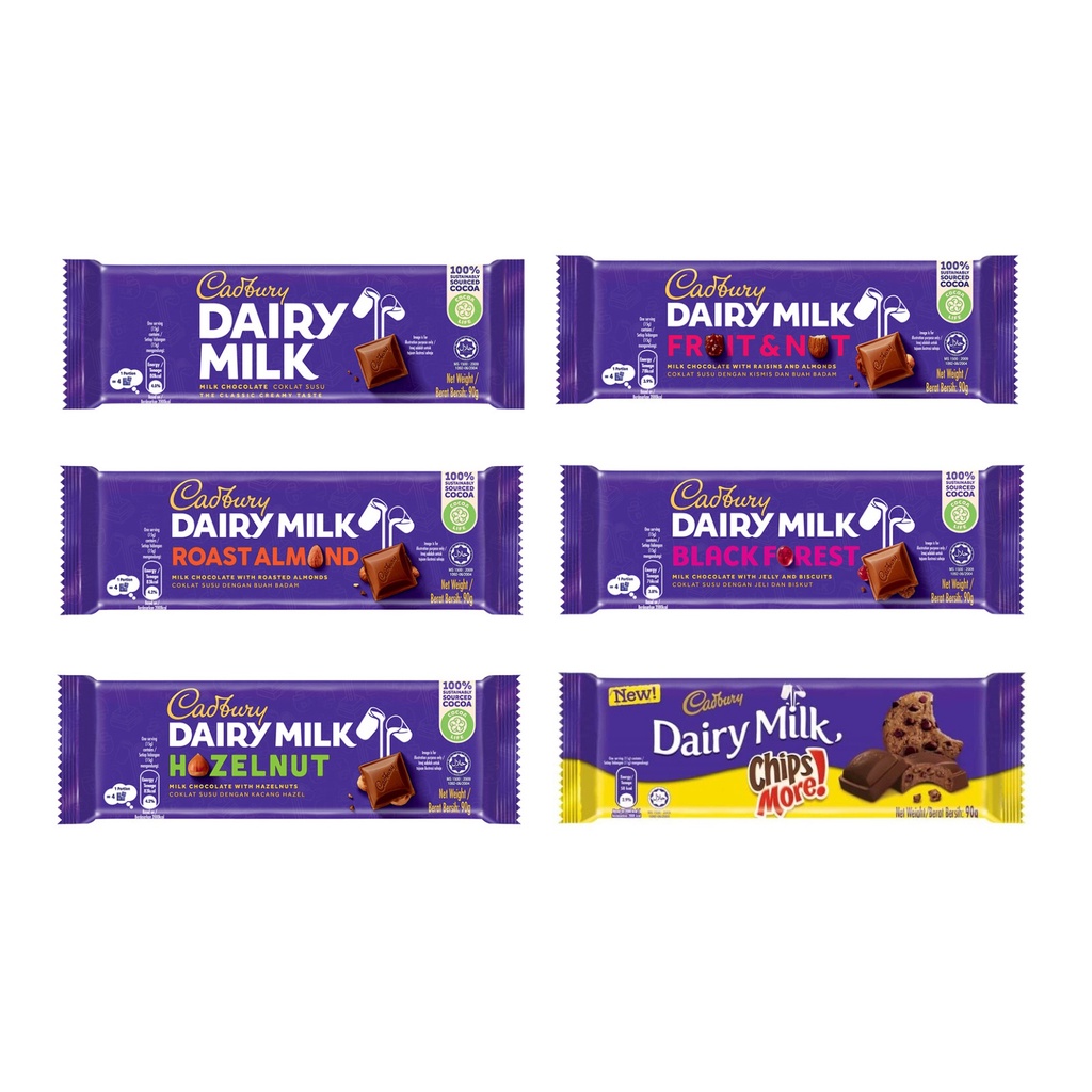 Cadbury Dairy Milk Bar 90g (Classic / Halzenut / Roasted Almond / Fruit
