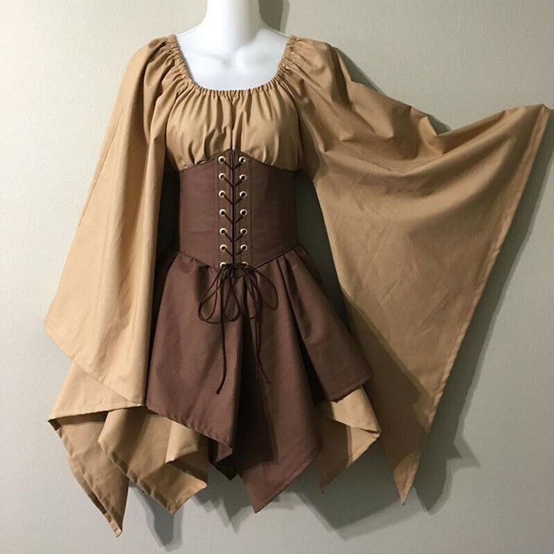 Medieval Women Woodland Elf Fairy Dress Corset Set Top Skirts Halloween  Costume