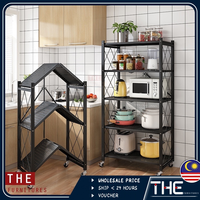 THE 2/3/4/5 Tiers Simple Foldable Design Movable Trolley Kitchen Rack ...