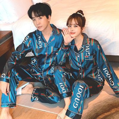 Men Women SIZE M-5XL GUCCI LV Ins Couple Satin Ice Silk Set Long Sleeve  Pyjamas Long Pants Pajamas Baju Tidur